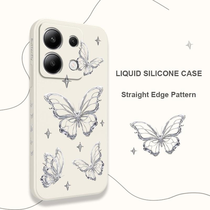 Silver Butterfly Phone Case For Xiaomi Redmi Note 14 13 12 12S 11 11S 10 10S 9 9S Pro Plus 4G 5G Liquid Silicone Cover