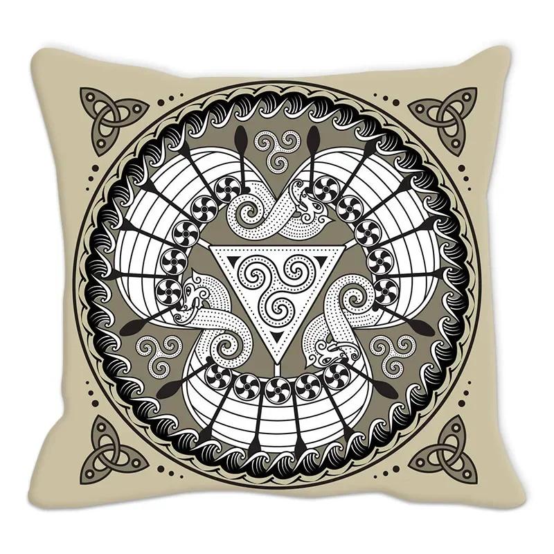 Funda de almohada con amuleto vikingo, cojín para sofá, decoración del hogar, funda geométrica en blanco y negro