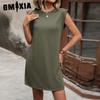 Женская мода лето весна однотонный принт без рукавов с круглым вырезом и высокой талией повседневные платья