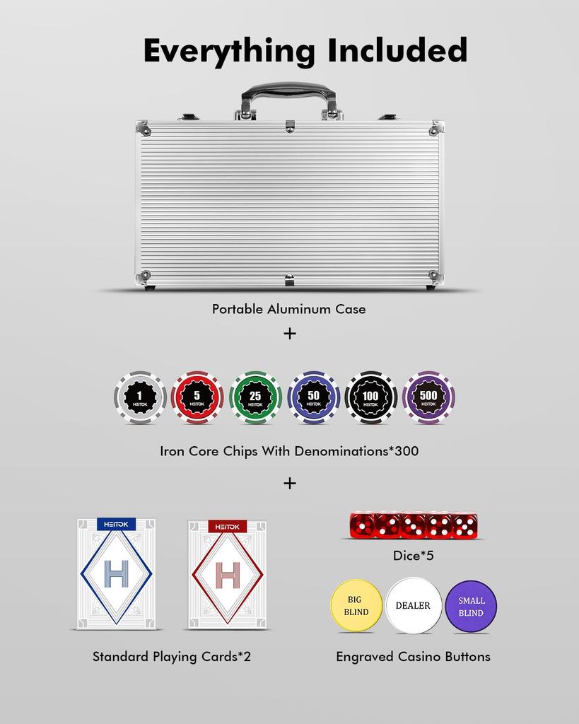 Фишки для покера HEITOK, 300 штук, набор для покера с номерами, алюминиевый кейс, совместимый с Texas, включает в себя 5 игральных костей и 2 набора игральных карт, 11,5 г