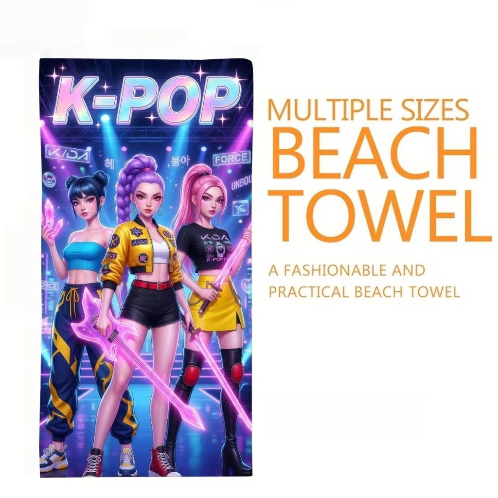 Neon Pink Purple K-POP Star Beach Towel-Microfiber, Quick Drying, Washable, Breathable - Beach, Camping-Anime Bath Towel, Gifts