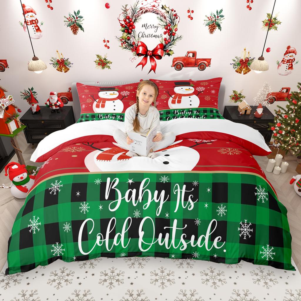 Homewish Kids Merry Christmas Duvet Cover Set 2pcs/3pcs, Xmas Tree Santa Claus Bedding Set, Kawaii Snowman Quilt Cover Set