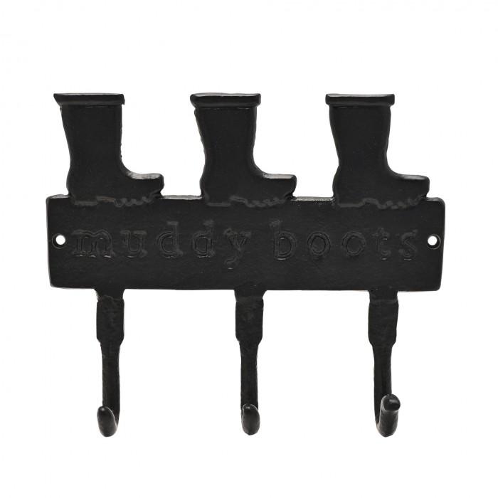 Country Living Cast Iron Wall Plaque with 3 Hooks - Muddy Boots