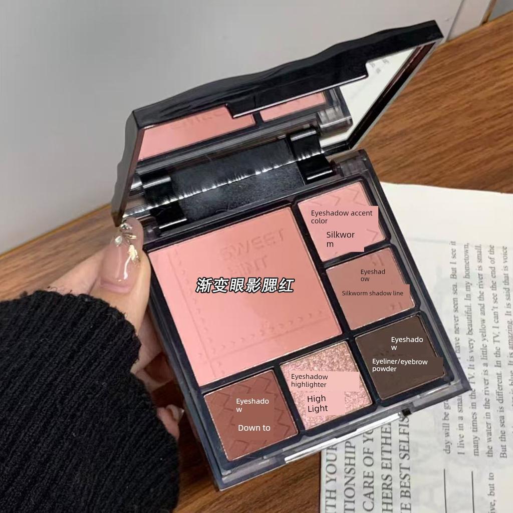 Quickly Achieve a Pink-Brown Full Makeup Look~ Six-Color Eyeshadow Matte Pearlescent Shimmer Multi-Use Palette for Facial Contouring and Blush