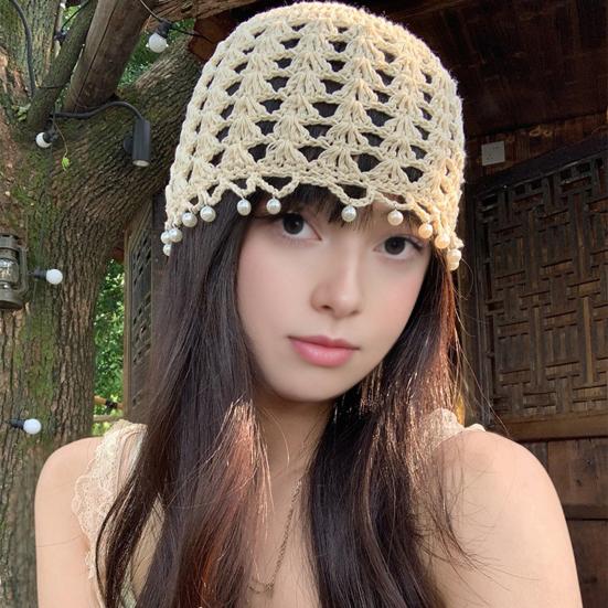 Knitting Hat Bohemian Style Hollow Design Women Hat with Faux Pearls Pendant Lightweight Elastic Hat Headwear