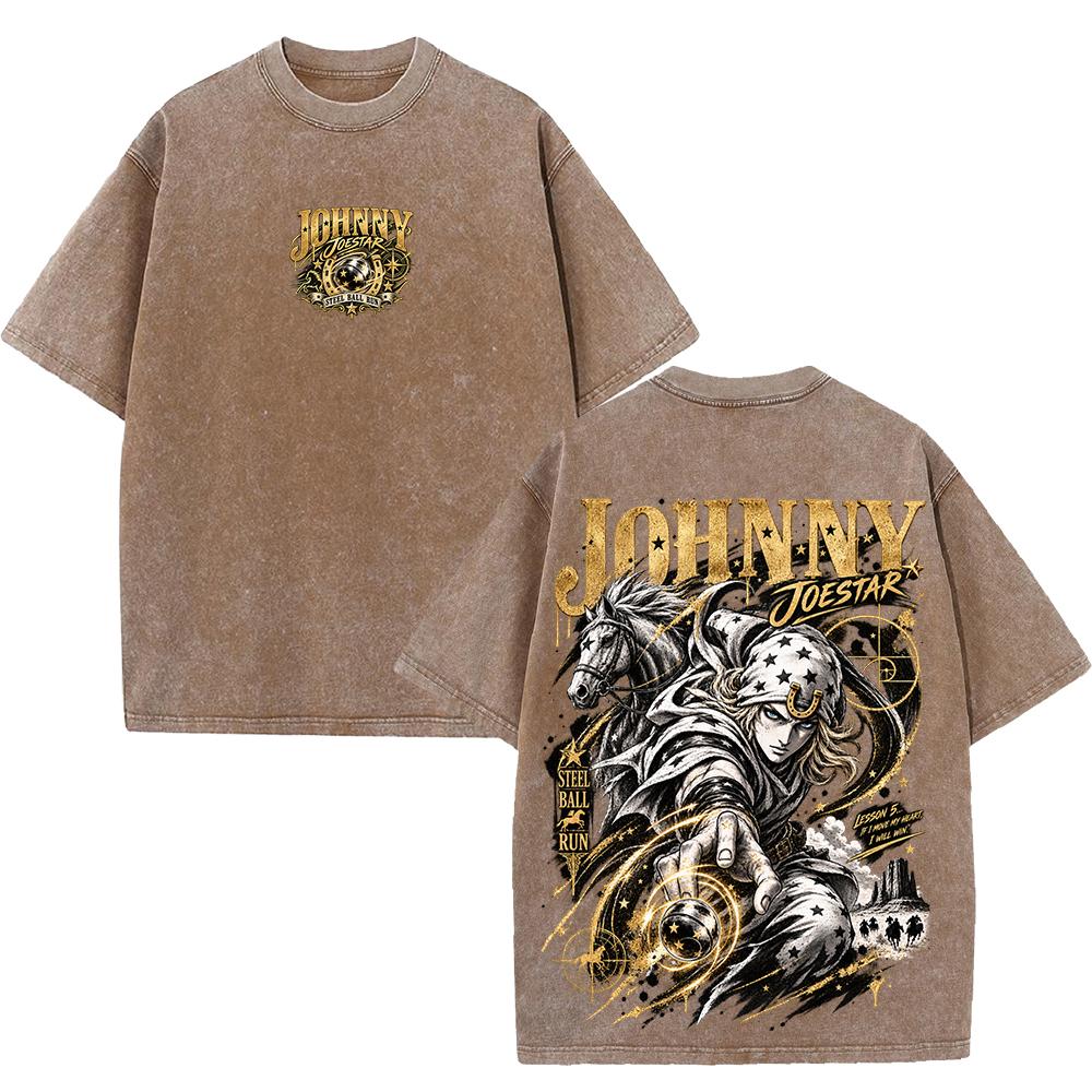 Johnny Joestar JoJo's Bizarre Adventure T-shirt Men Clothing Vintage Washed T Shirt Short Sleeve Oversized 100% Cotton Tee Tops