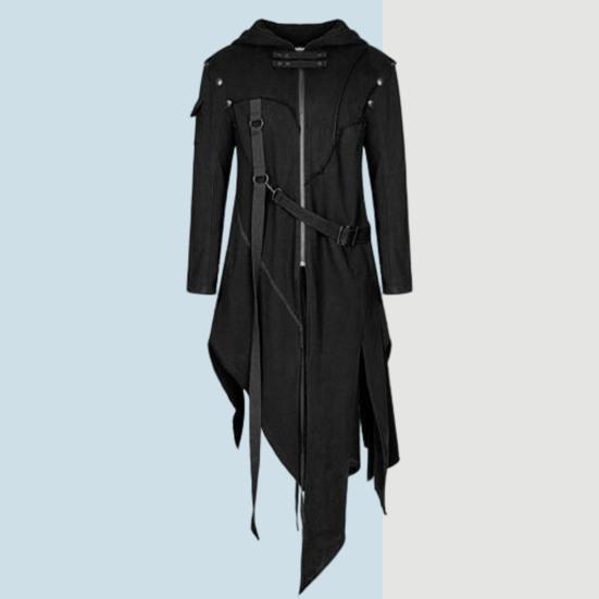 Мужское длинное пальто осенне-зимнего сезона, однотонное, с нерегулярными длинными рукавами, капюшоном, застежкой-молнией и ремешками, плащ для Хэллоуина