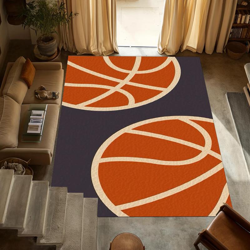 Basketball Fan Living Room Rug Orange Basketball Pattern Modern Home Decor Carpet Soft Non-Slip Floor Mat for Bedroom