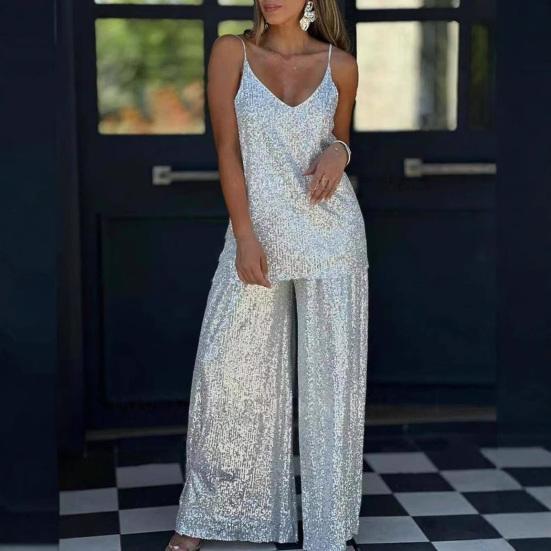 Women Sequin Two Piece Outfit Scoop Neck Sleeveless Cami Top Wide-leg Pants Set Evening Party Dressy Suit