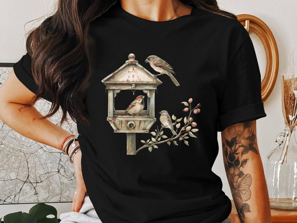 Sparrow T-Shirts, Birdhouse Art, Cottagecore Shirt, Cute Bird Design, Vintage Style Shirt, Nature Lover Tees, Bird Watching Gift, Unisex