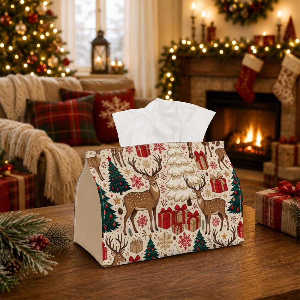 1pc Vintage Rustic Winter Tissue Box - Reindeer Pine Tree Gift Napkin Storage Box, Suitable for Rolls/facial Tissues/single Sheets,available for Chris