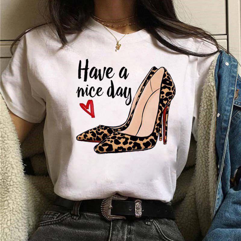 Fashionable Red High Heels Round Neck Pure Cotton Printed Unisexs and Womens Short Sleeved New Personalized Casual Tshirt