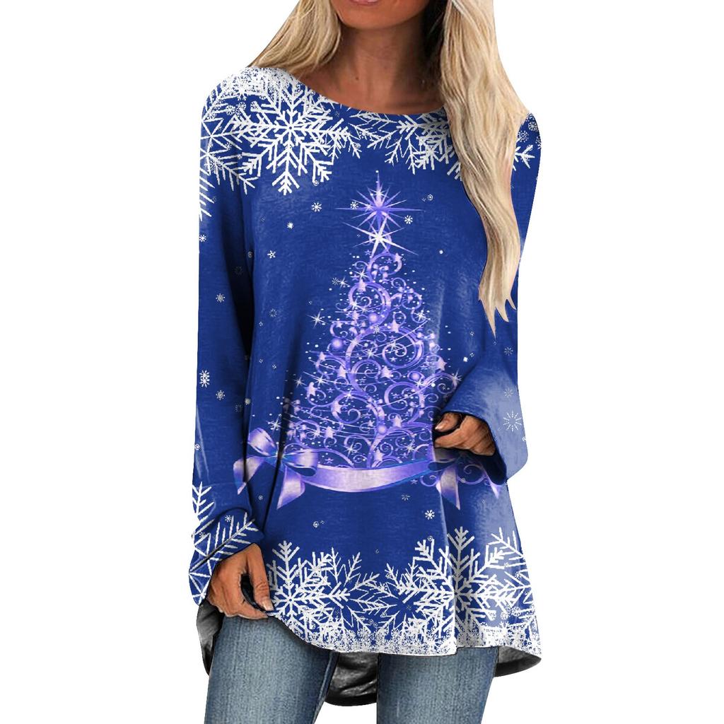 Женская модная повседневная футболка с рождественским принтом и длинным рукавом, круглый вырез, средний длинный топ