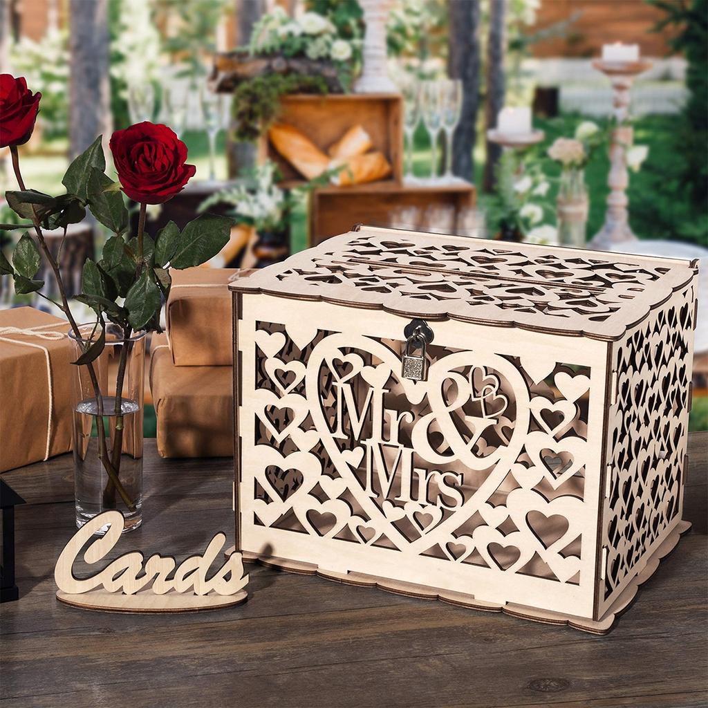 Wedding Card Boxes Wooden Box Wedding Decor Couple Mr&Mrs Pattern Grid Business Card Boxes DIY Wedding Birthday Party Supplies