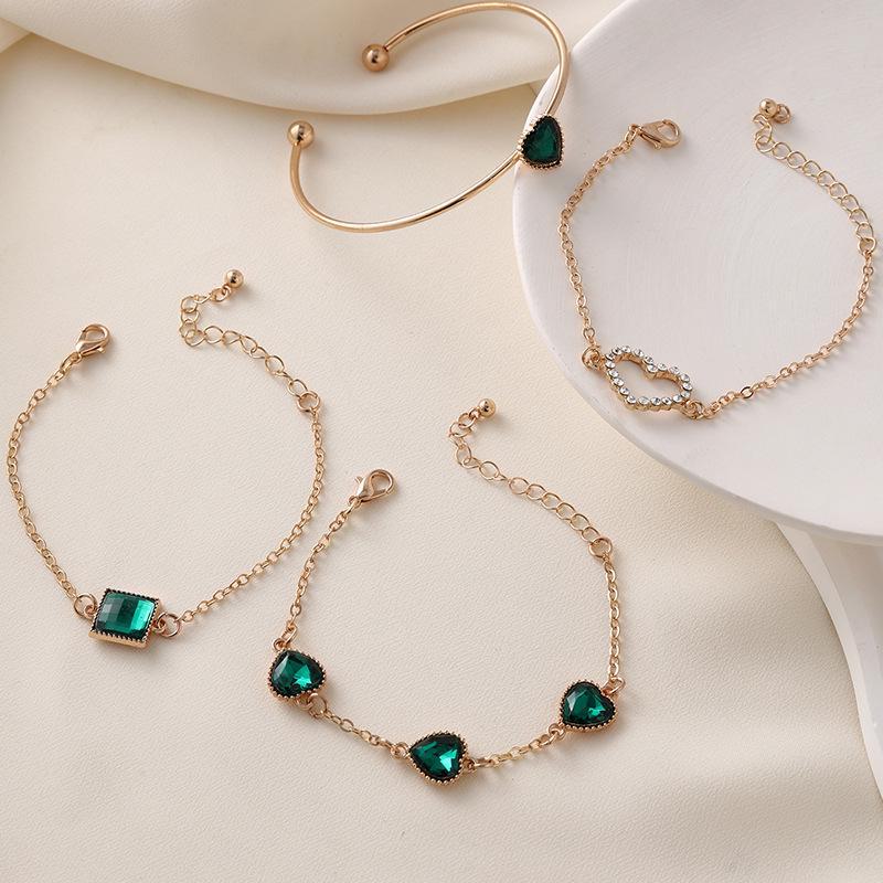 Elegant Emerald Zircon Bracelet Set: European & American Style, Simple Love Light Luxury, 4-Piece, with Shining Square Design
