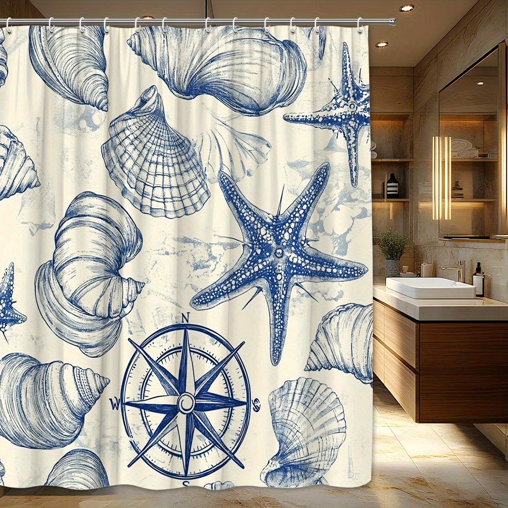 1 piece vintage nautical style blue shell and starfish shower curtain, polyester fabric, machine washable, suitable for bathroom