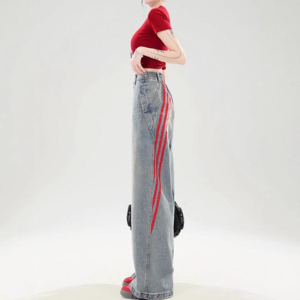 Plus Size High Waist Loose-Fit Patchwork Striped Wide-Leg Jeans for Women