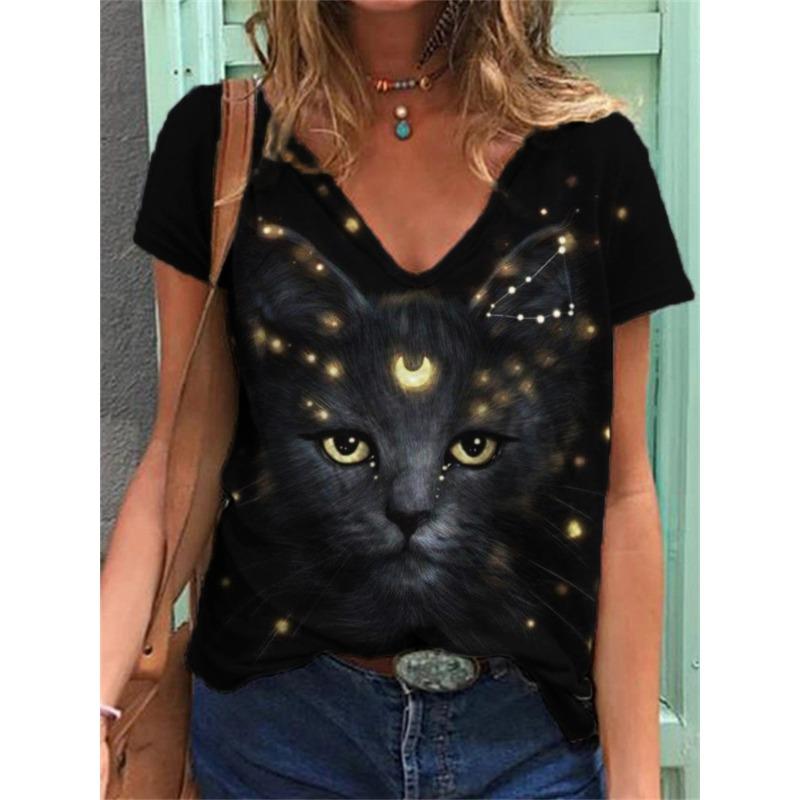 Summer V-neck 3D Cat Printed Top Fashionable Casual Short Sleeved Women's T-shirts