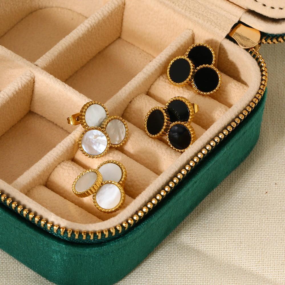 European and American retro simple plated 18K gold inlaid shell plate round splicing stud earrings stainless steel high-end earrings women