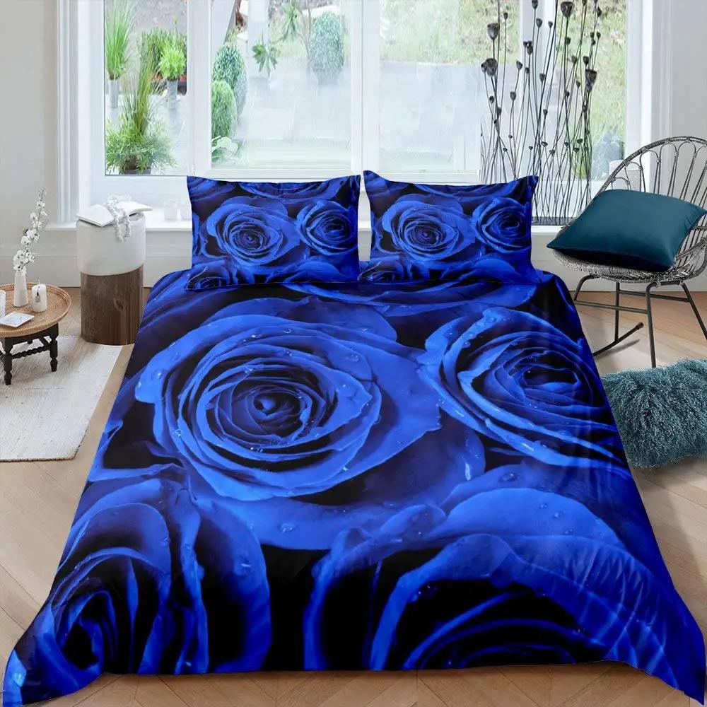 Blue Rose Duvet Cover Set King Size 3D Printed Blossom Flowers Bedding Set Valentine'S Day Botanical Polyester Comforter Cover