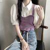 Retro Style Fake Two-piece Contrasting Small Shirt with Bubble Sleeves Spliced Knit Vest Shirt Women's Summer Polo Collar Top
