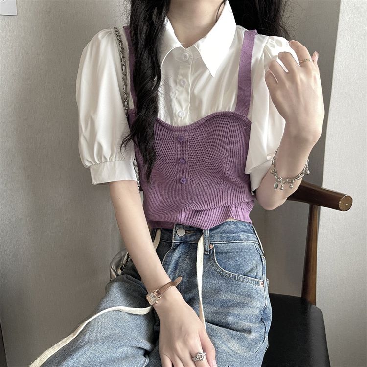 Retro Style Fake Two-piece Contrasting Small Shirt with Bubble Sleeves Spliced Knit Vest Shirt Women's Summer Polo Collar Top