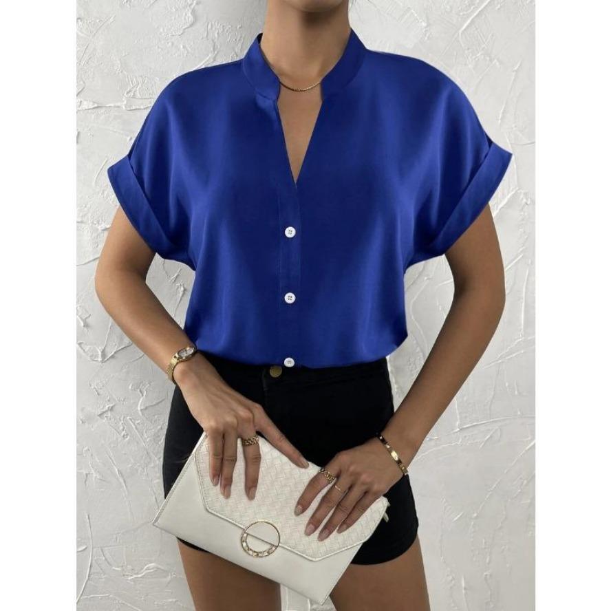 YYFS Women's Fashion Casual Summer Spring Solid Color Print Short Sleeve V-Neck Blouses & Shirts