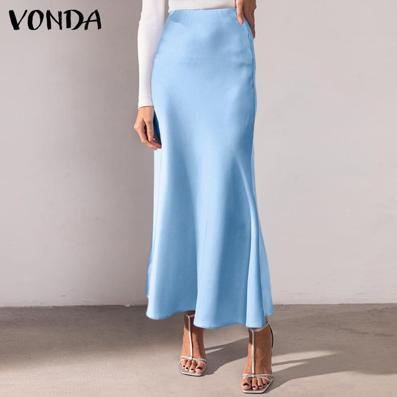 VONDA Женские элегантные однотонные облегающие длинные юбки из атласа с высокой талией и оборками по подолу