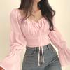 Women's Tops Spring Summer Flared Sleeve Waist Tie Women's Shirt