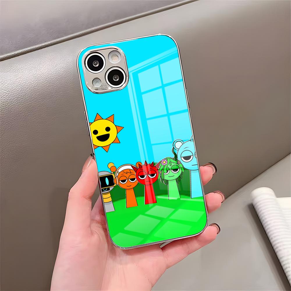 Мультяшный Игровой Чехол Sprunki для Телефона iPhone 17 Pro Max 15 Pro 16 14 Plus 12 13 Mini 11 Pro Ударопрочный Гальванизированный Стеклянный Чехол