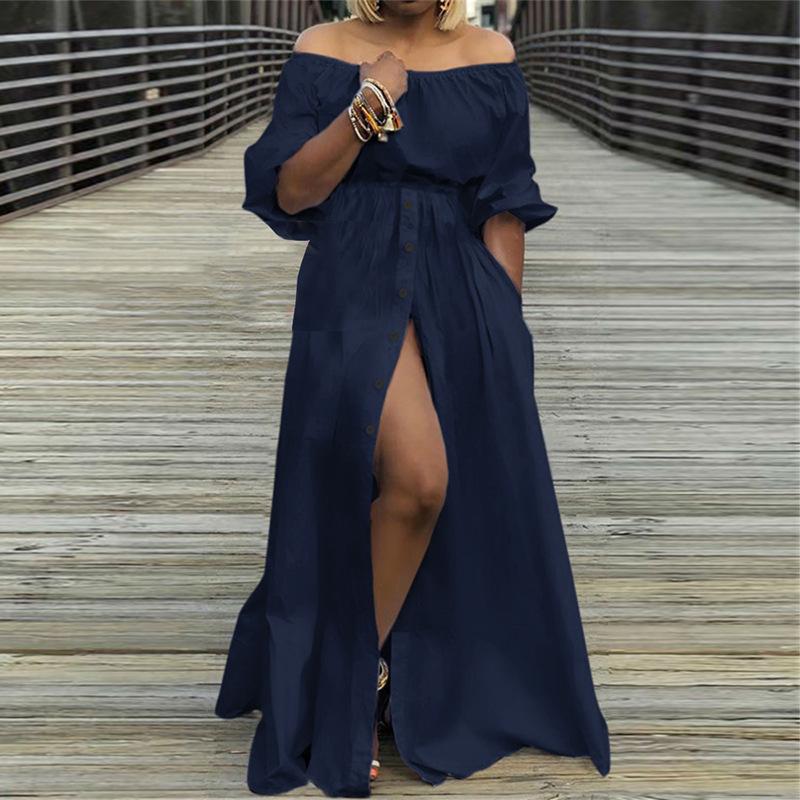 Womens Fashion Off The Shoulder Elegant Long Dress Halff Lantern Sleeve Buttons Slit Party Casual Maxi Dresses