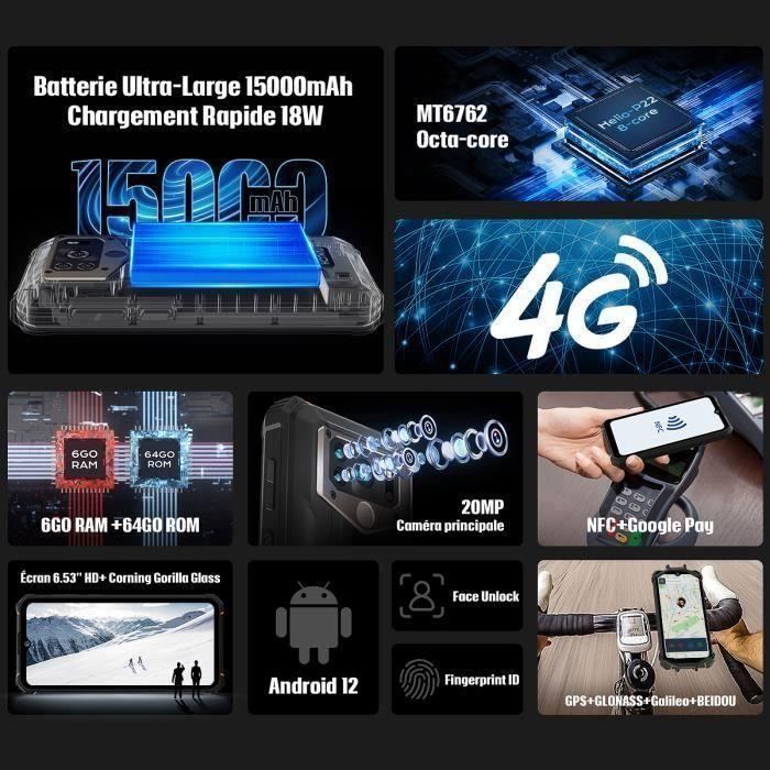 Téléphone Portable Incassable HOTWAV W10 Pro 6Go+64Go 15000mAh Grande Batterie 6,53" HD+ 20MP Triple Caméra Android 12 NFC - Orange