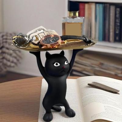Yousheng Мультяшный кот Лоток для хранения ключей Смола Стоящая фигурка кота Статуэтка с лотком Многоцелевой держатель для украшений и мелочей Органайзер Декорация