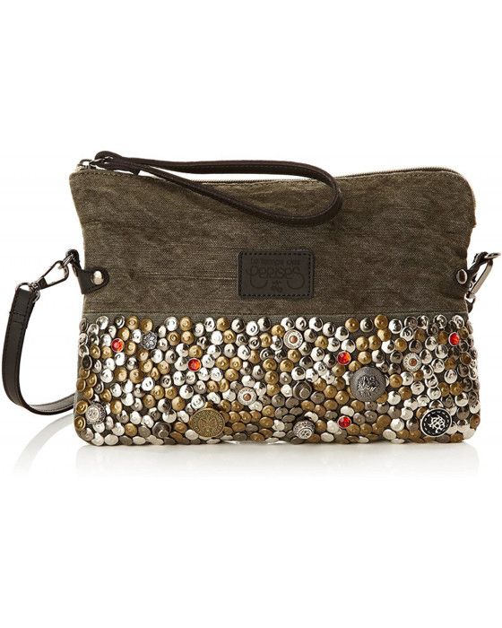 Sac bandoulière - Le Temps des Cerises - Taka 5 - Béton/Noir - Coton et cuir - Dimensions 26x20cm