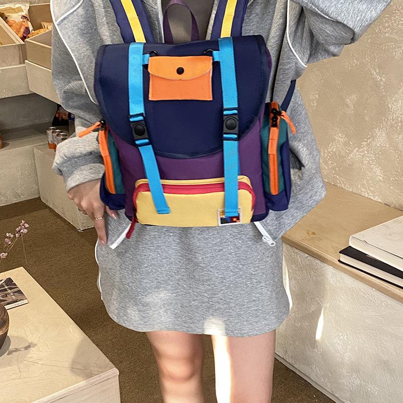 Schoolbag1011 New Sweet and Cool Wind Contrast Color Flip Backpack Multi-pocket Design Large Capacity Student Commuter Leisure Backpack
