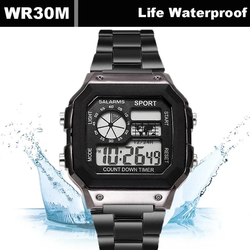 Men's Digital Watch Stainless Steel Strap Sport Watches Men Military Clock LED Sport Wristwatch