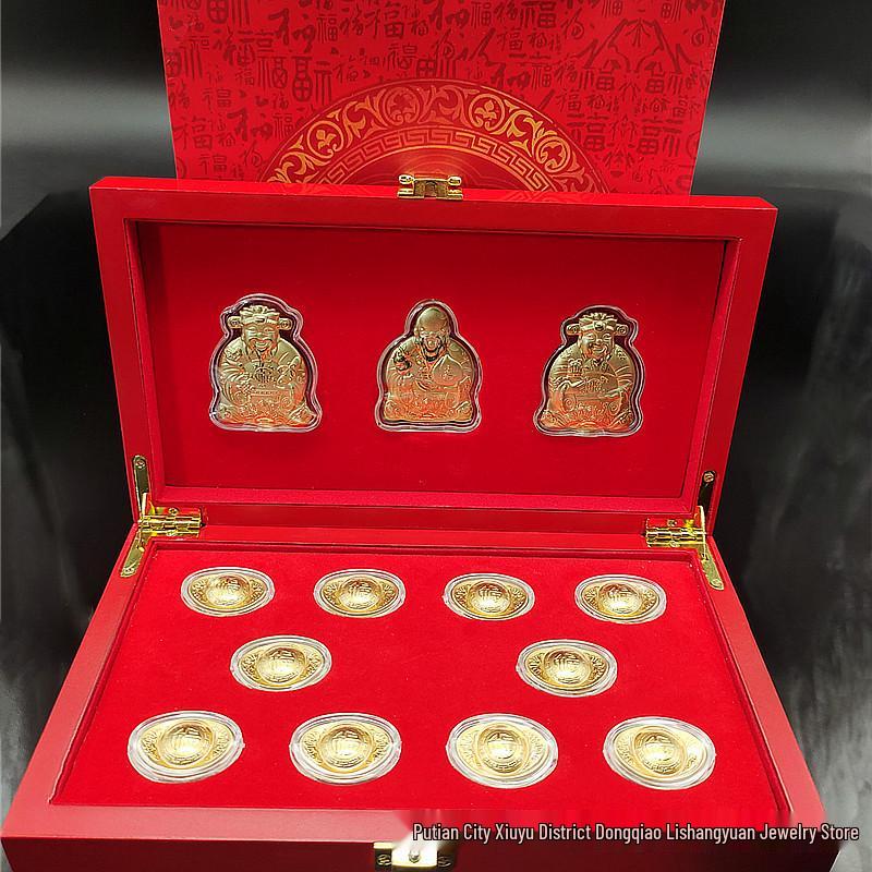 Набор ornaments Фукурокудзю с золотой фольгой: Трехликий Бог Богатства с Драконом, Фениксом и Золотыми Слитками для Благоприятного Домашнего Декора