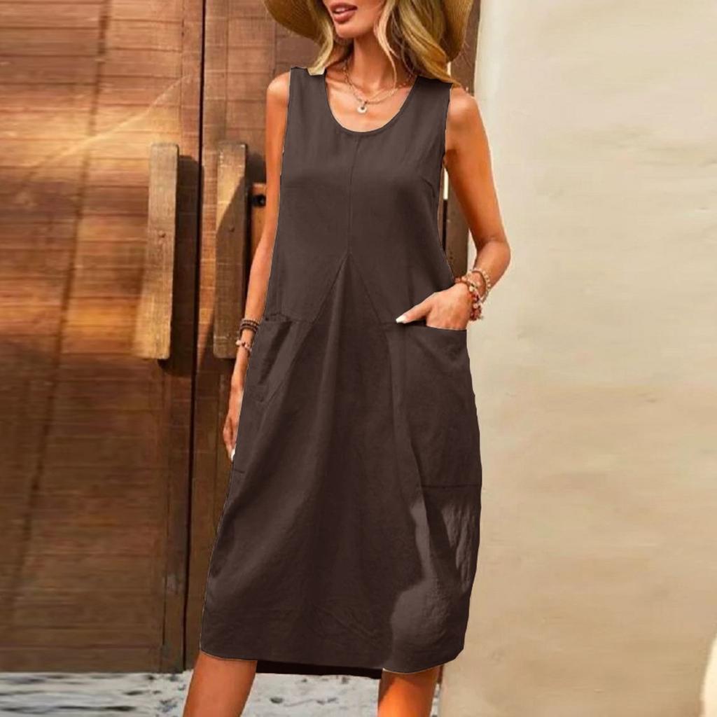 Модное женское повседневное однотонное платье без рукавов Poket