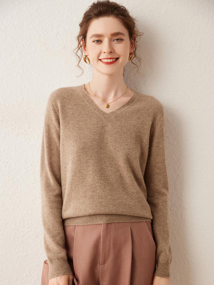 2025 Autumn/Winter Women's V-Neck Cashmere Sweater - Loose Fit, Thin Base Layer, Solid Color