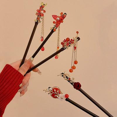 Красная заколка для волос с цветком, новая китайская стильная деревянная кисточка, палочка для волос в древнем стиле, ципао, ханьфу, китайский стиль, для волос, женский головной убор