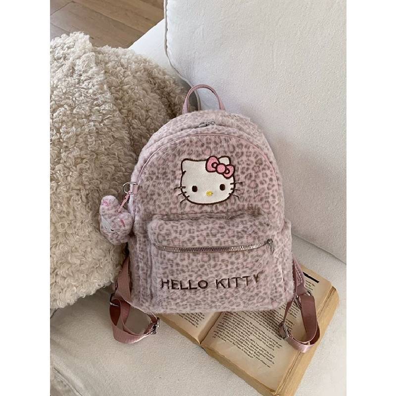 Cute Cartoon Hello Kitty Cat Backpack With Leopard Print Pu Material For Daily Use And Storage