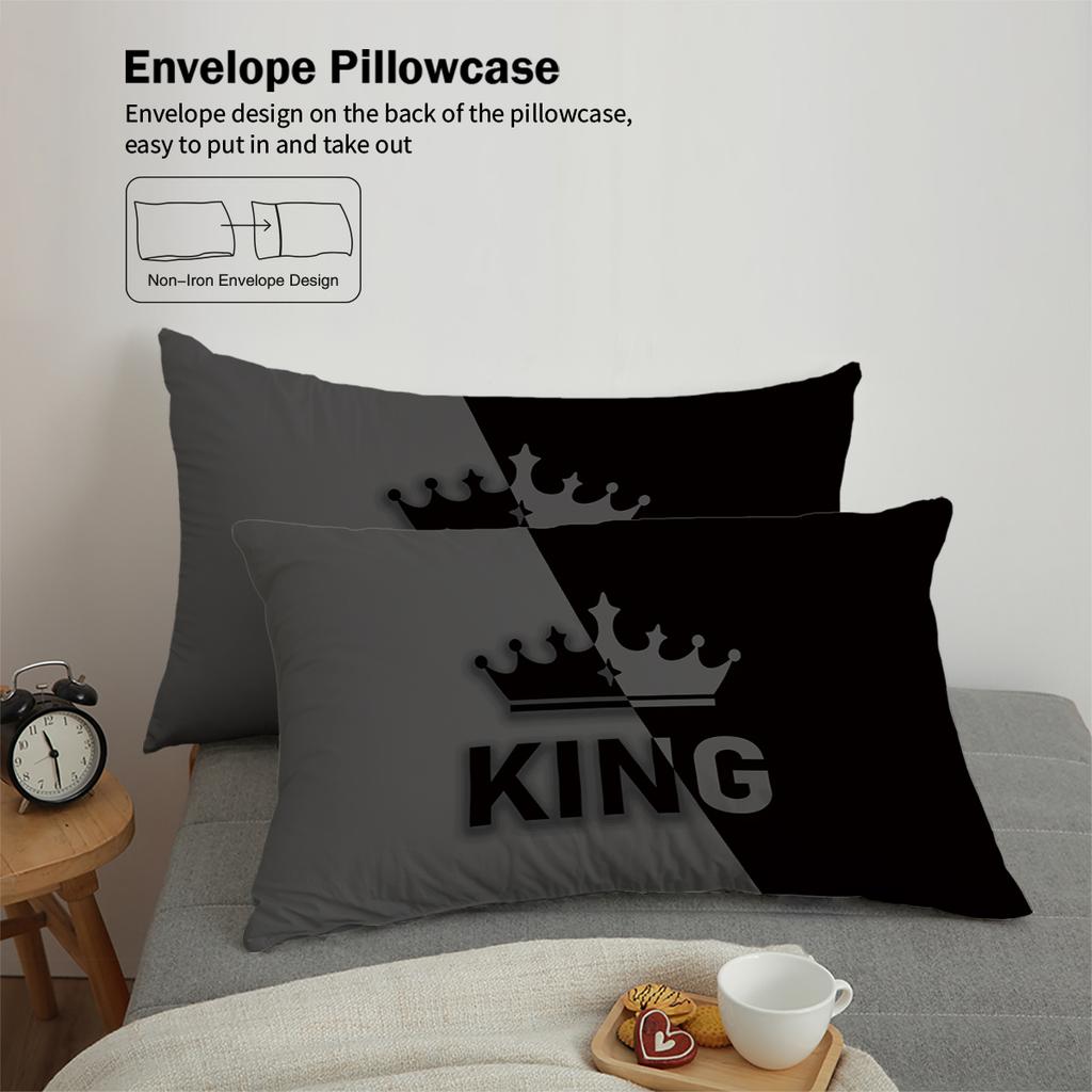 3 предмета модный черно-серый постельный комплект с принтом KING и QUEEN, мягкий, удобный, дышащий пододеяльник, спальня