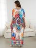 2024 Bohemian Chic Printed Batwing Sleeve V-образный вырез с разрезом по бокам Макси-платье Женская летняя одежда Пляжная одежда Купальный костюм Накидка Q1594