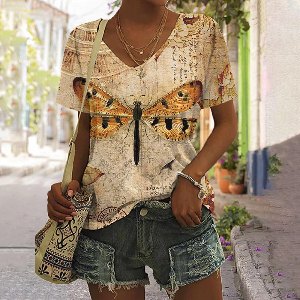 Женская футболка с принтом стрекозы, топы, одежда в стиле Харадзюку для женщин, летние повседневные футболки с v-образным вырезом и короткими рукавами, женский модный пуловер