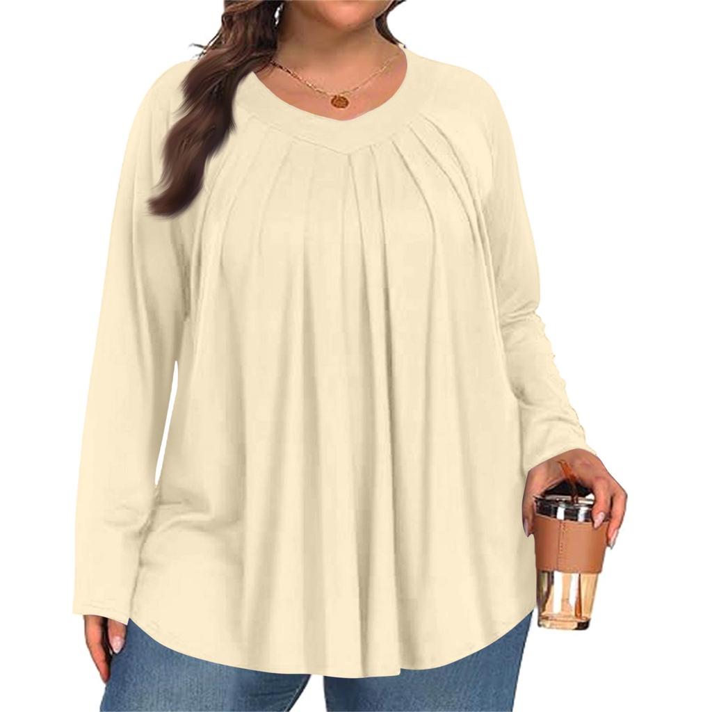 Женский модный топ большого размера, однотонный, повседневный, плиссированный, с круглым вырезом и длинными рукавами