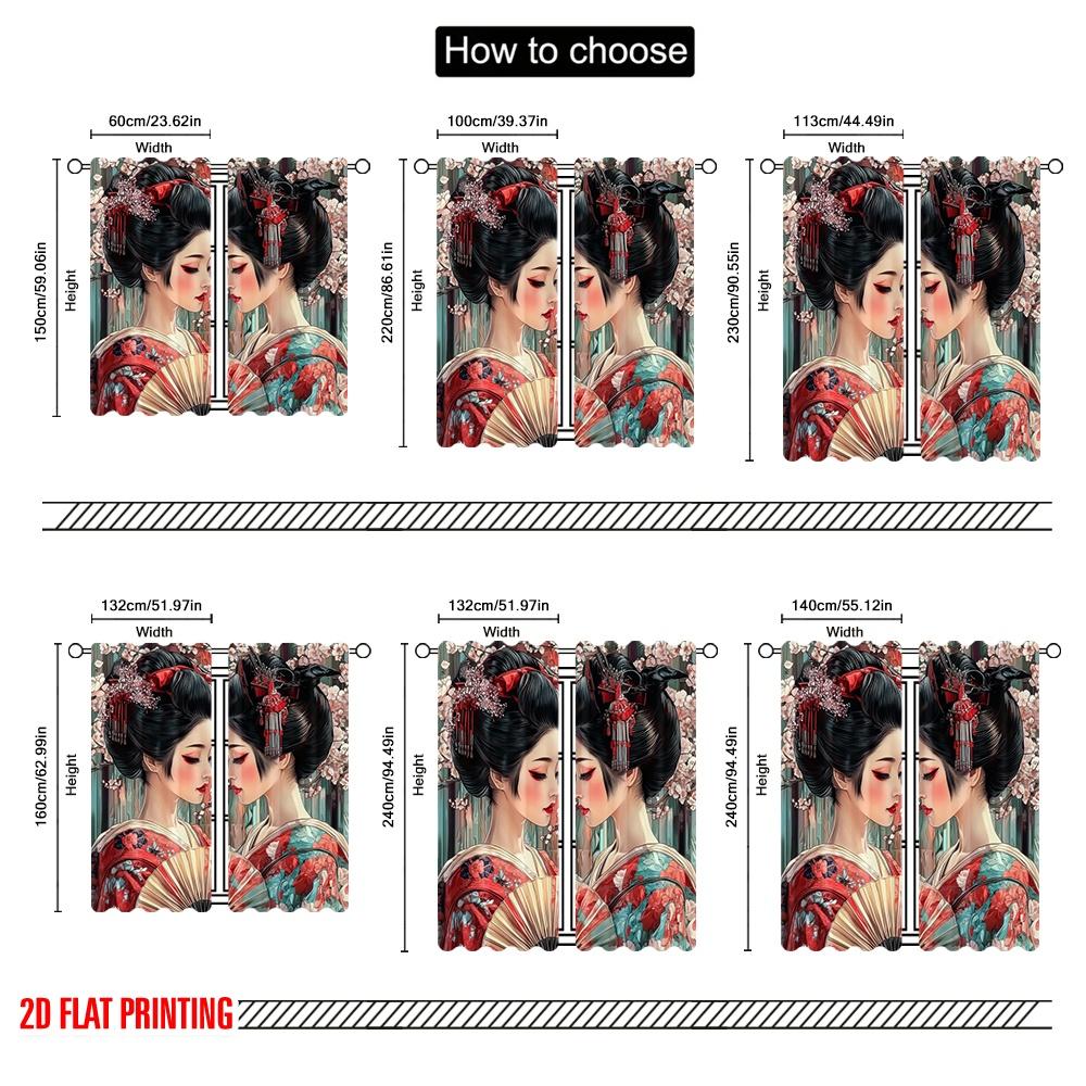 2 шт., шторы с рисунком плоской 2D-печати, Гейша-близнецы, прочный полиэстер (без стержня) Праздничный для разных комнат, Современный