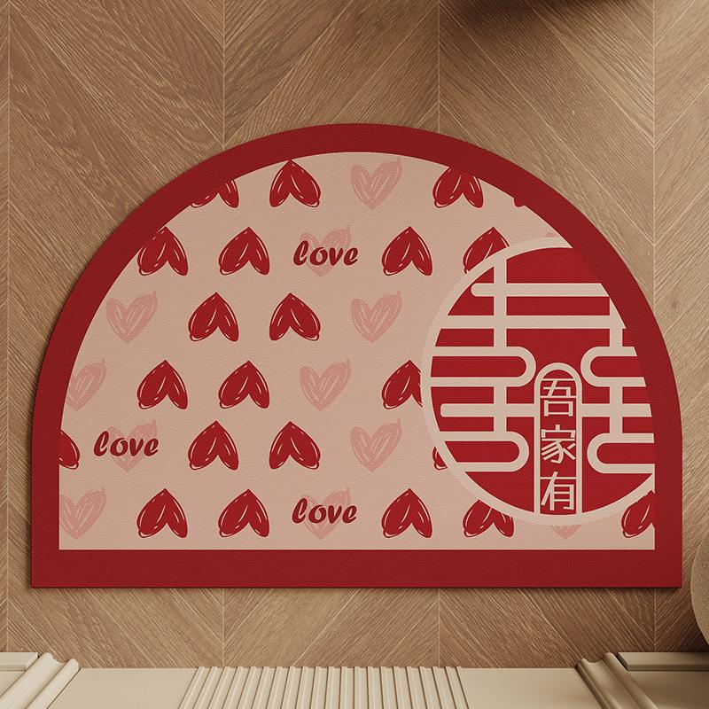 Wedding Celebration Entrance Door Mat Red Absorbent Anti Slip Foot Pad Semi-circular Entrance Mat