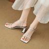 Summer Leather One-word Sandals Women's Solid Color Medium Heel Large Size Beef Tendon Sole New Fashion Sandals Square Head Thick Heel Buckle