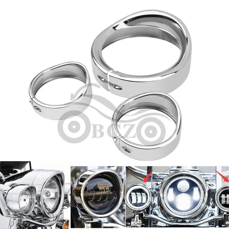 Motorcycle Fog Light Visor Cover Trim Set 7 Inch 4.5 Chrome Gloss Black Harley Style Bikes