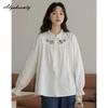 2026 Японская рубашка Mori Girl больших размеров для женщин, с оборками на воротнике, лентой, цветочной вышивкой, белая оверсайз блузка, повседневный свободный мешковатый базовый топ